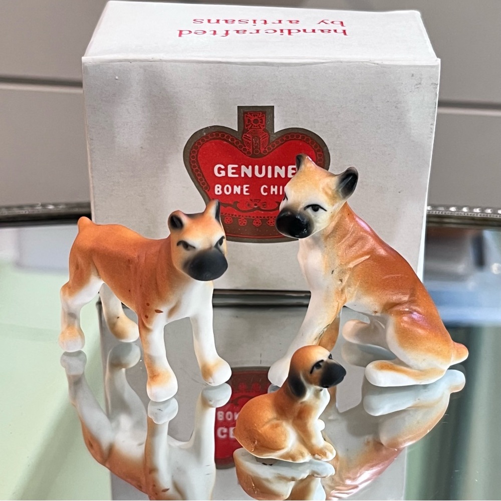 Vintage Trio of Bone China Boxers Figurines, with Original Box Tallest approx 2"